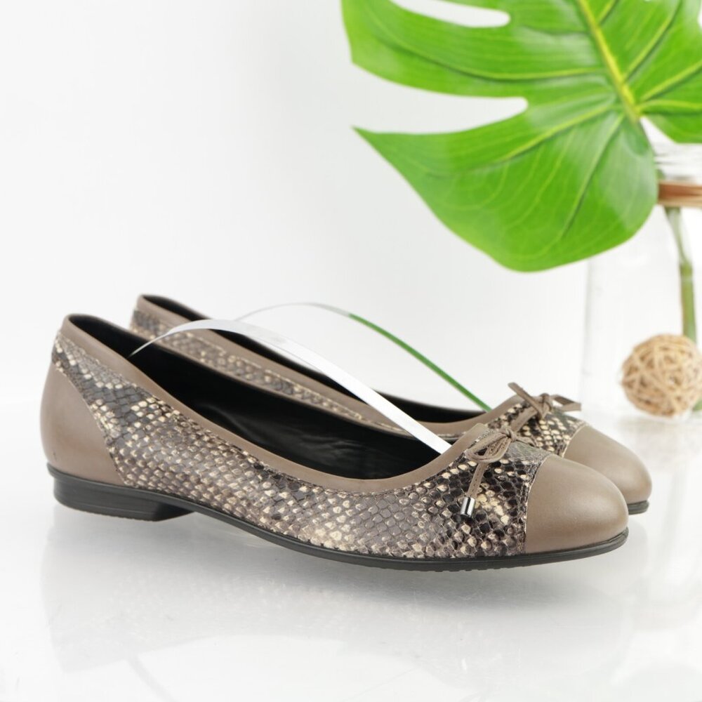 Ecco Womens Touch Ballet Flats Size 40 9 Tan Gray Leather Snakeskin Slip On Shoe